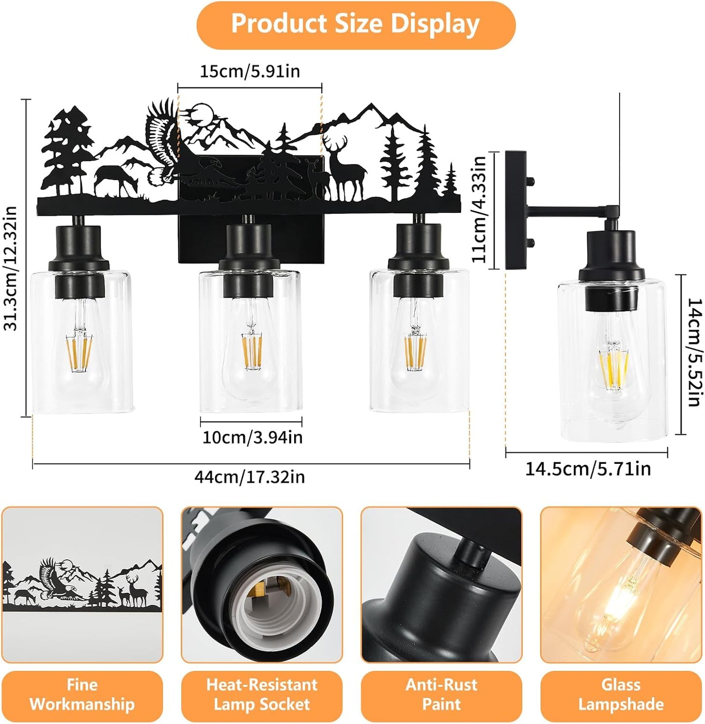 Lámpara baño 3 luces ciervo metal negro vidrio