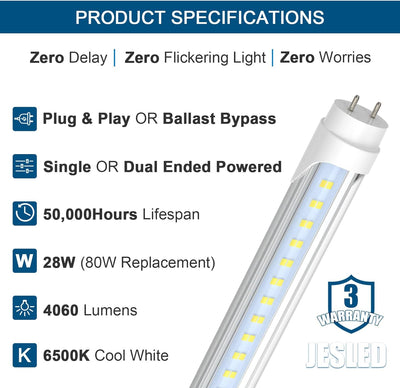 Luces T8 LED 4ft 28W 6500K repuesto con alimentación simple o doble