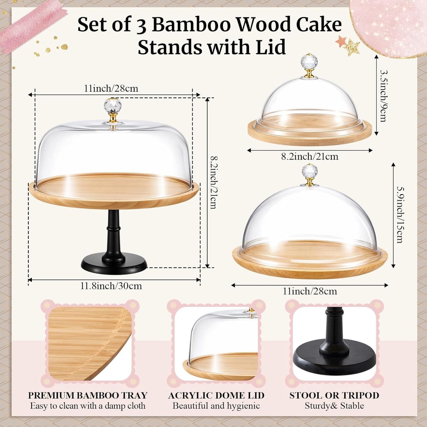 Jgo 3 soportes pasteles madera bambú 12 pulg con cúpula acrílica