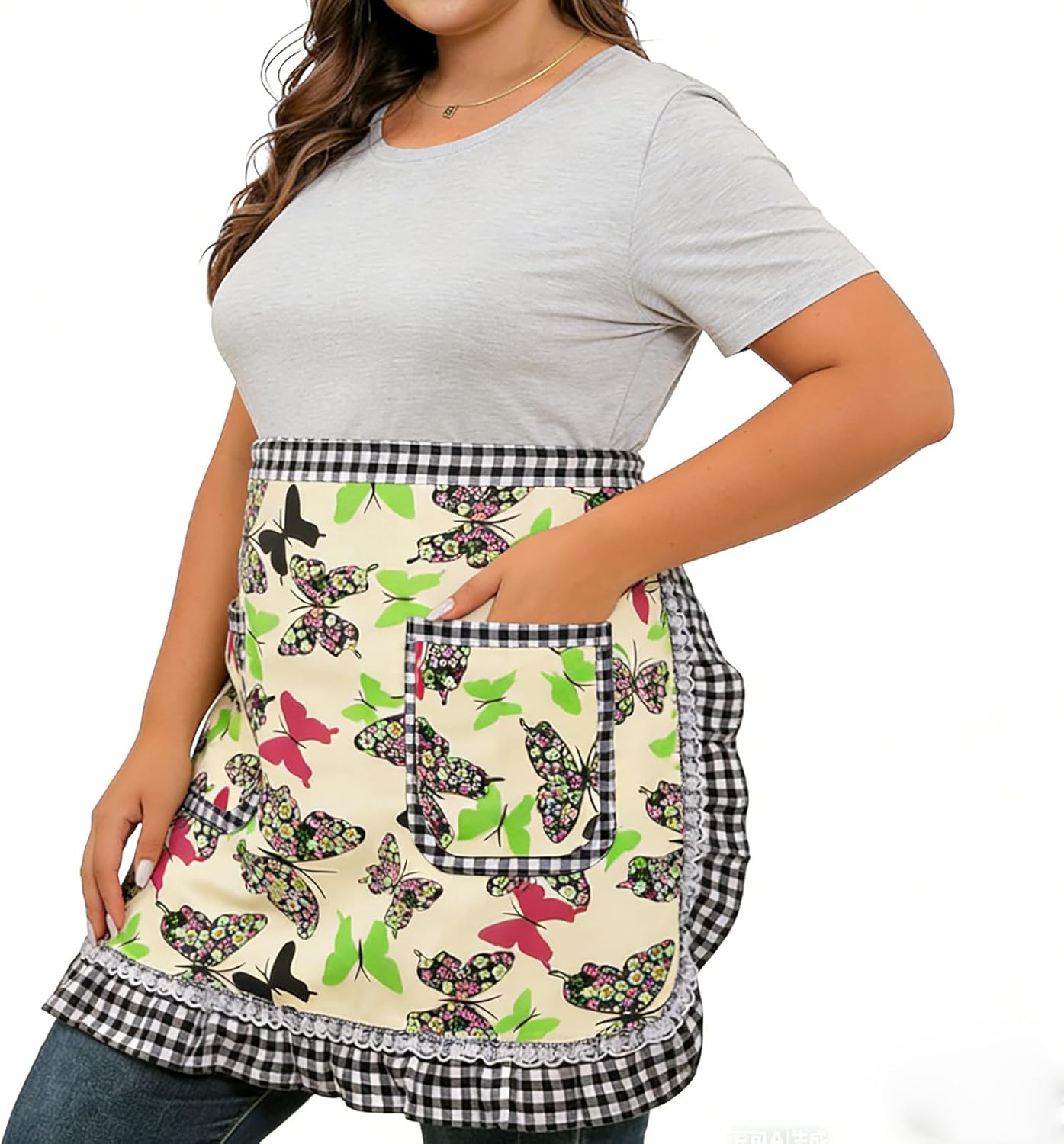 Delantal de cintura de mariposa verde talla grande para mujer