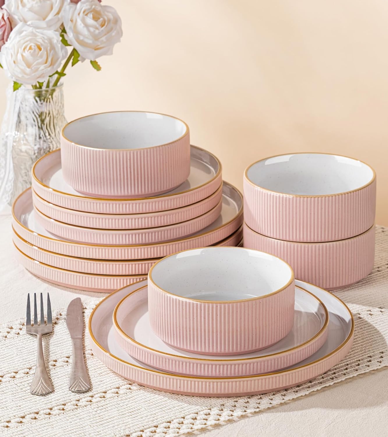Set 12 Pzas Vajilla Cerámica Rosa Esmalte Reactivo Apilable