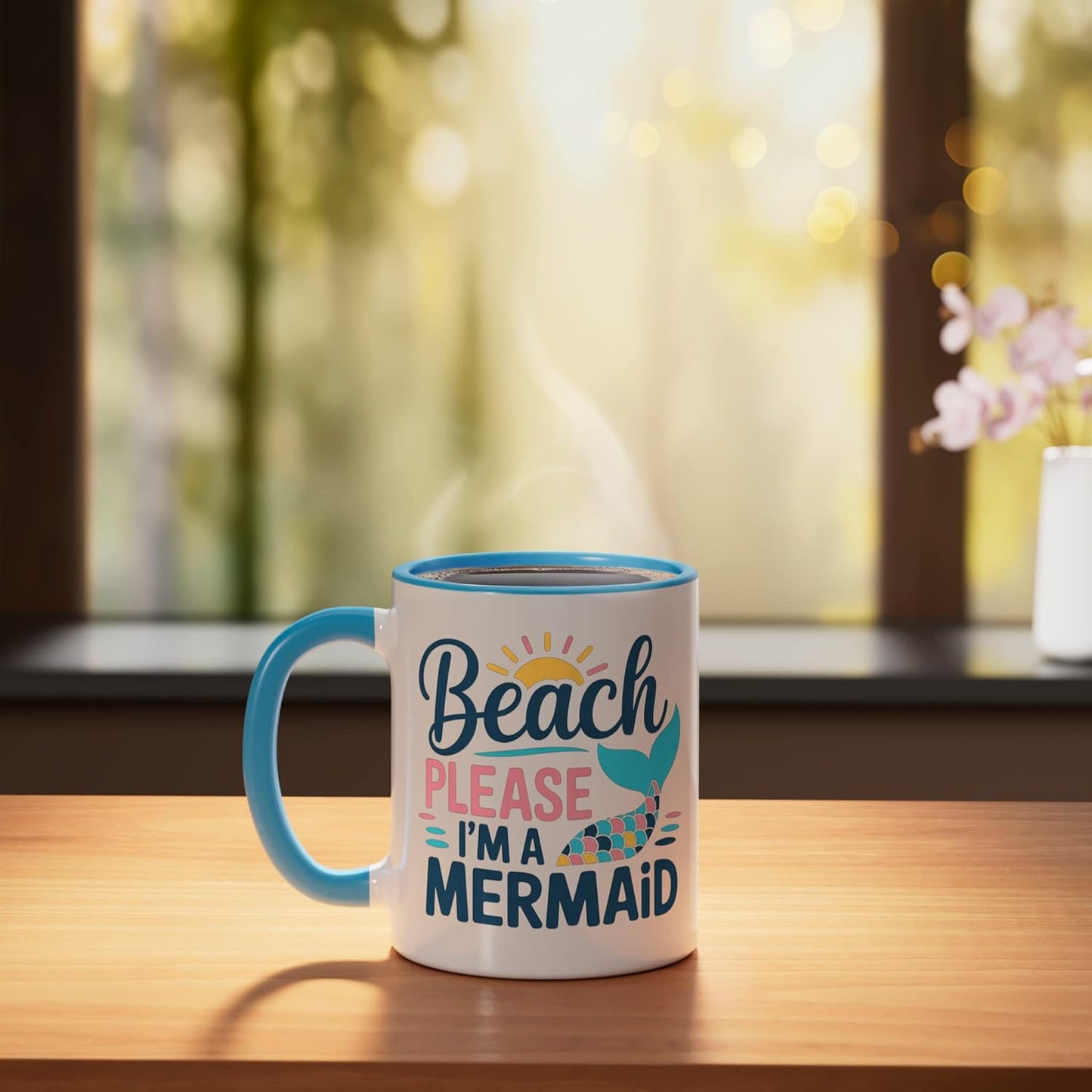 Taza cerámica estilo sirena Beach Please azul/blanco