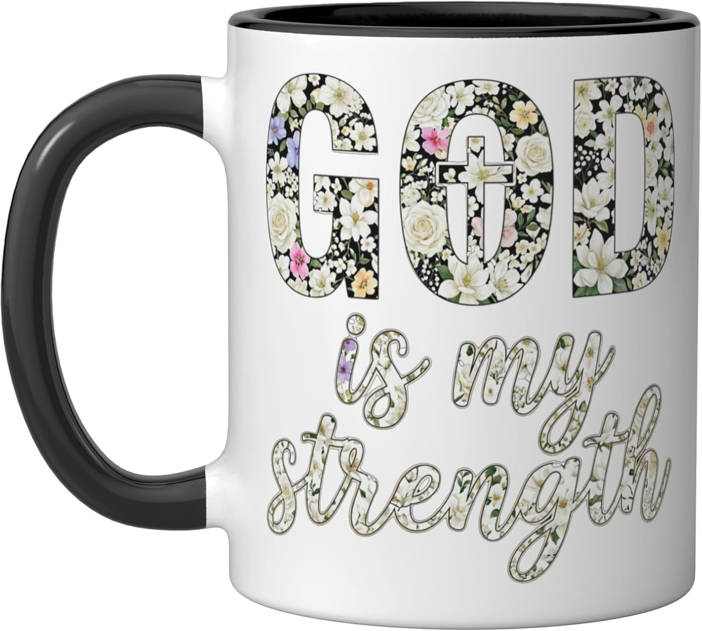 Taza Cerámica God Is My Strength Floral Negro/Blanco