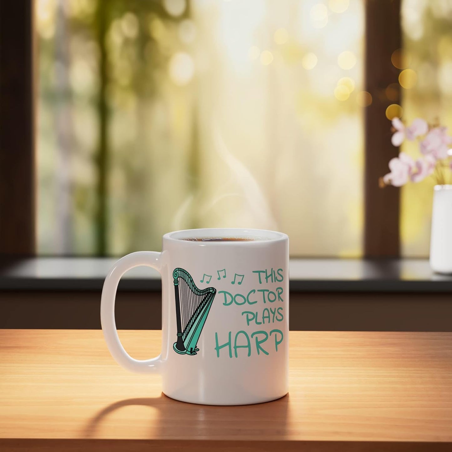 Taza de cerámica para doctor que toca arpa, blanca