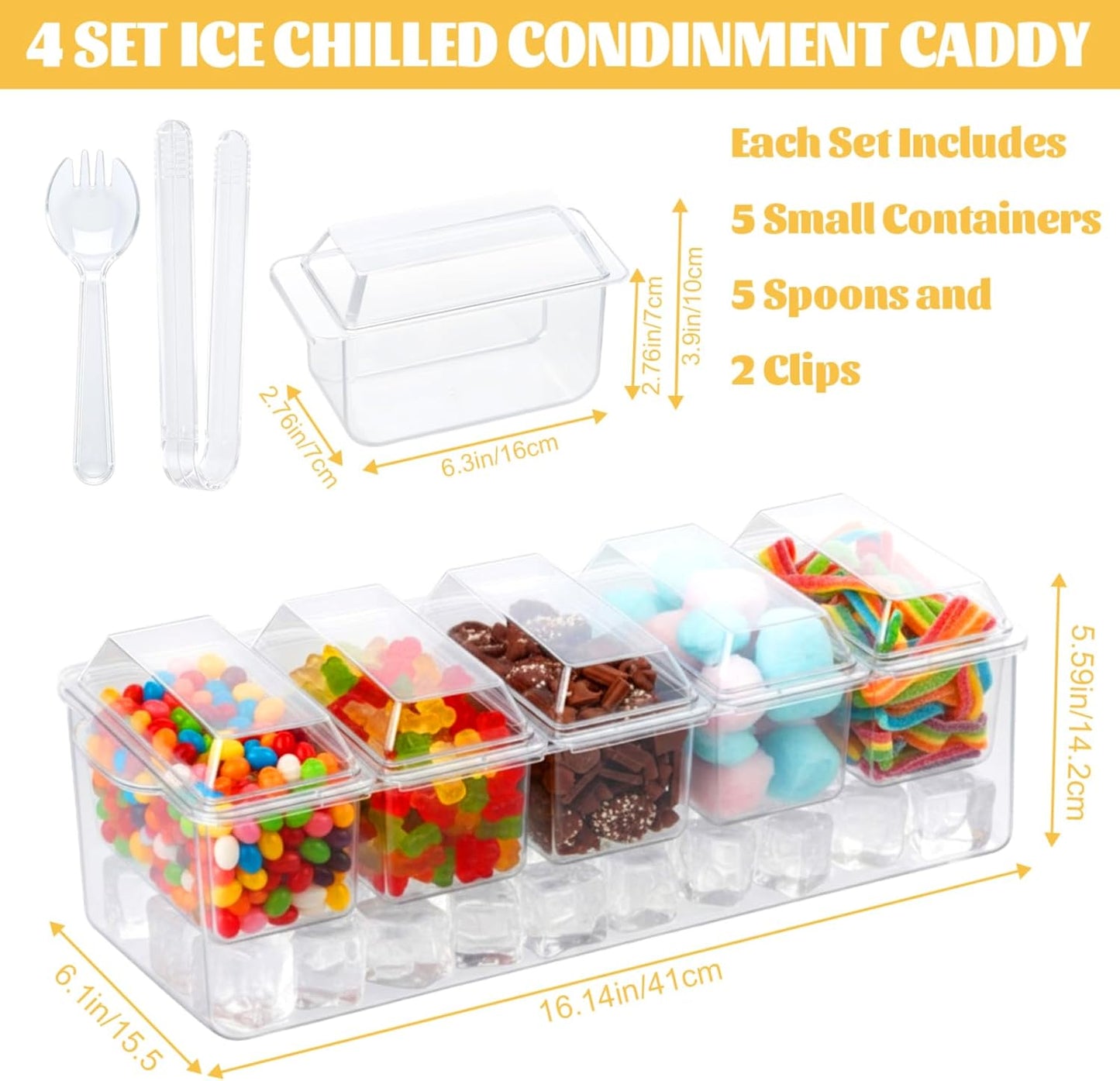 Set 4 bandejas condimentos hielo 16x6pulg con recip. y cucharas