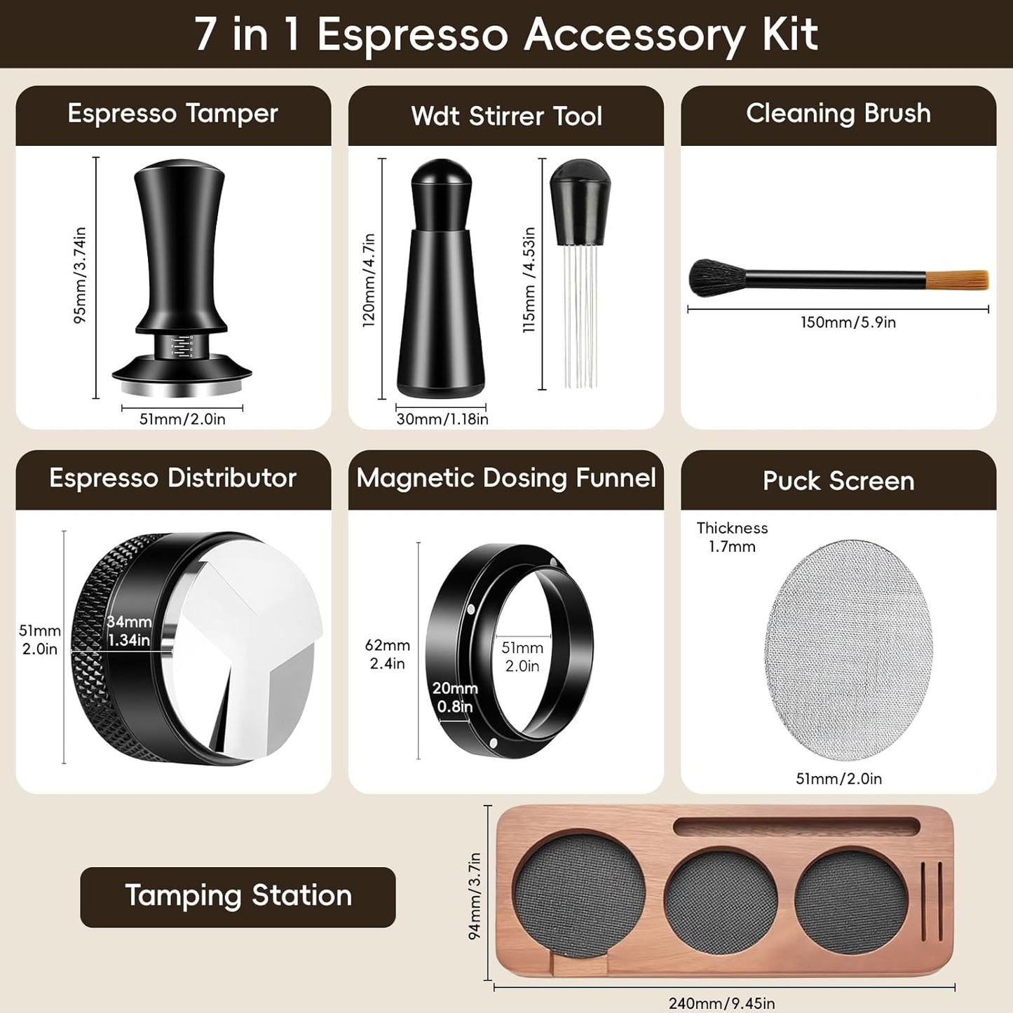 Set 7 pcs tamper espresso con molino café ajustable