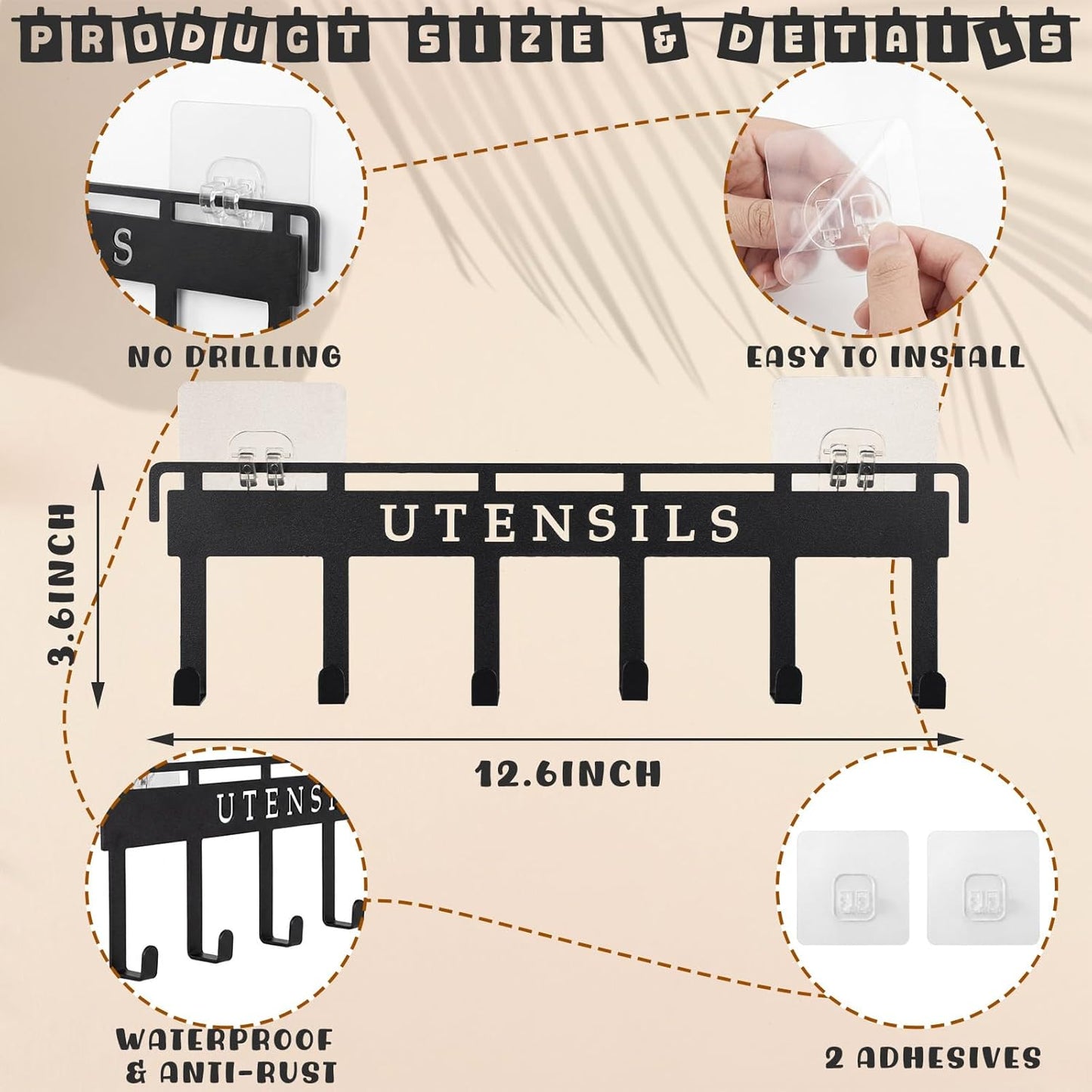 Soporte para utensilios de cocina con 6 ganchos sin taladro