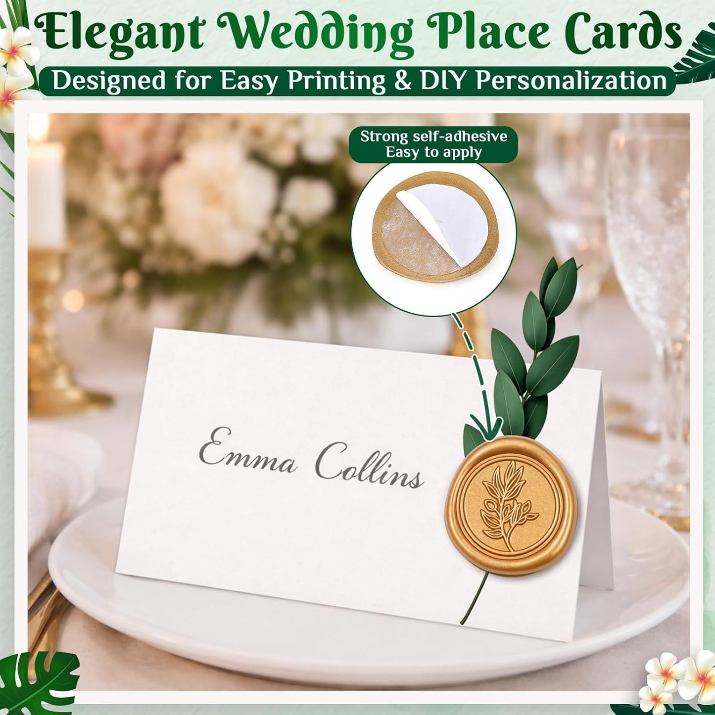 Set 50 Tarjetas Lugar con Sello de Cera y Flores Secas 2x3.5pulg