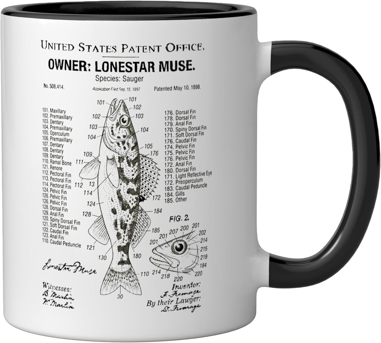 Taza cerámica Sauger Fishing Patent Diagram para Día del Padre negra/blanca