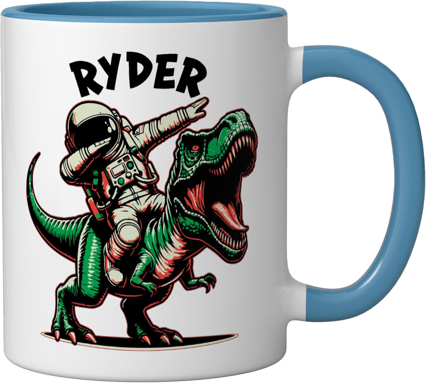 Taza Cerámica Astronauta Dinosaurio Azul Blanco