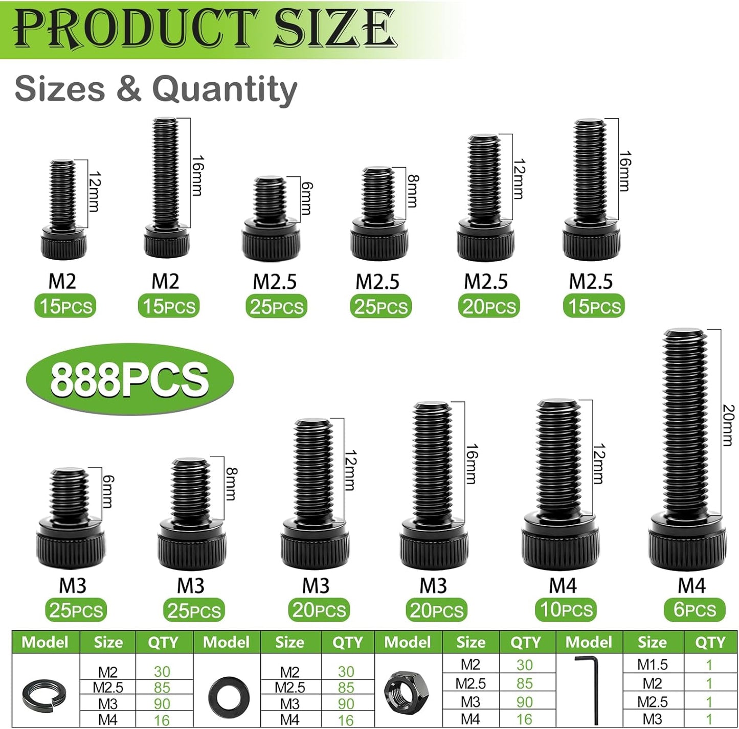 Set 888 tornillos métricos M4 M3 M2.5 M2 acero grado 12.9