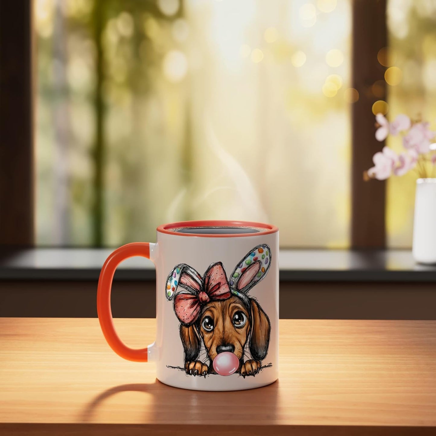 Taza cerámica perro salchicha diseño chicle pascua naranja/blanco