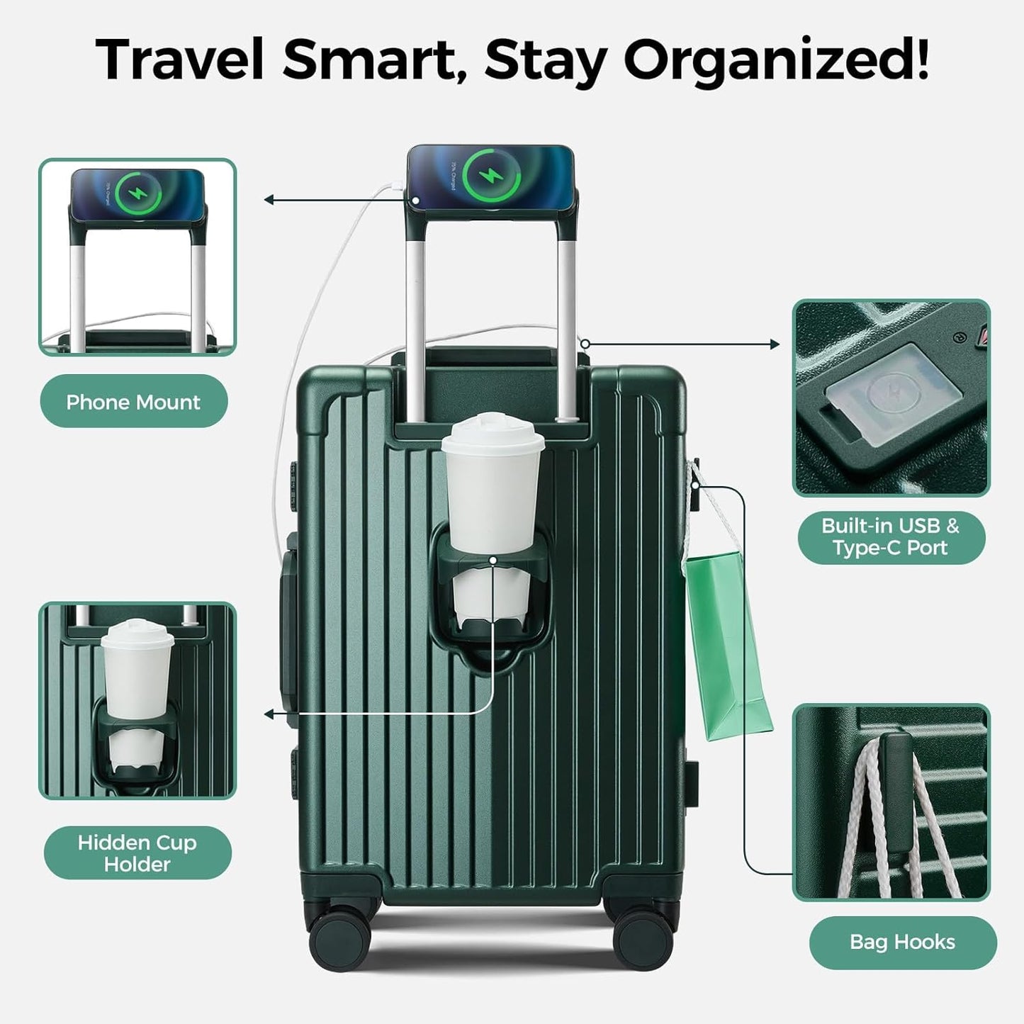 Marco aluminio equipaje mano con portavasos USB 20pulg verde oscuro