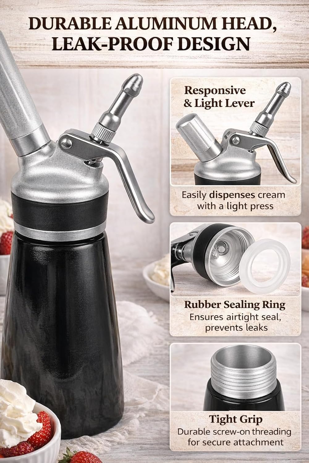 Dispensador de crema batida TFORESTER con botella de aluminio aislada y 3 boquillas de acero inoxidable