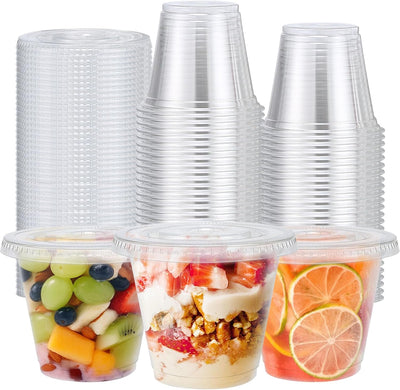 Paquete de 50 vasos plásticos 9 oz con tapas planas, tazas transparentes sin agujero para postres y bebidas frías