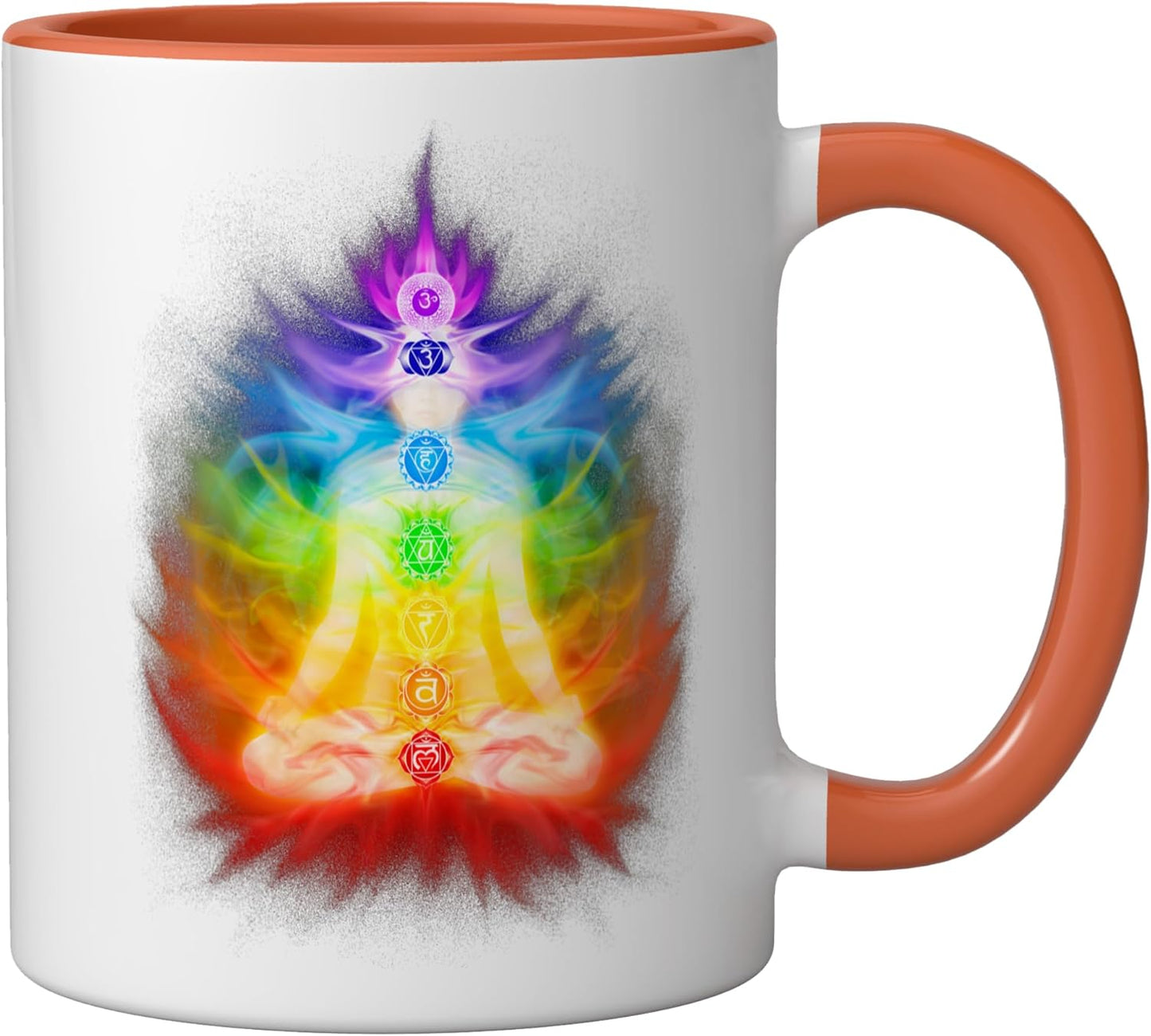 Taza de cerámica para meditación chakra siete colores naranja/blanco