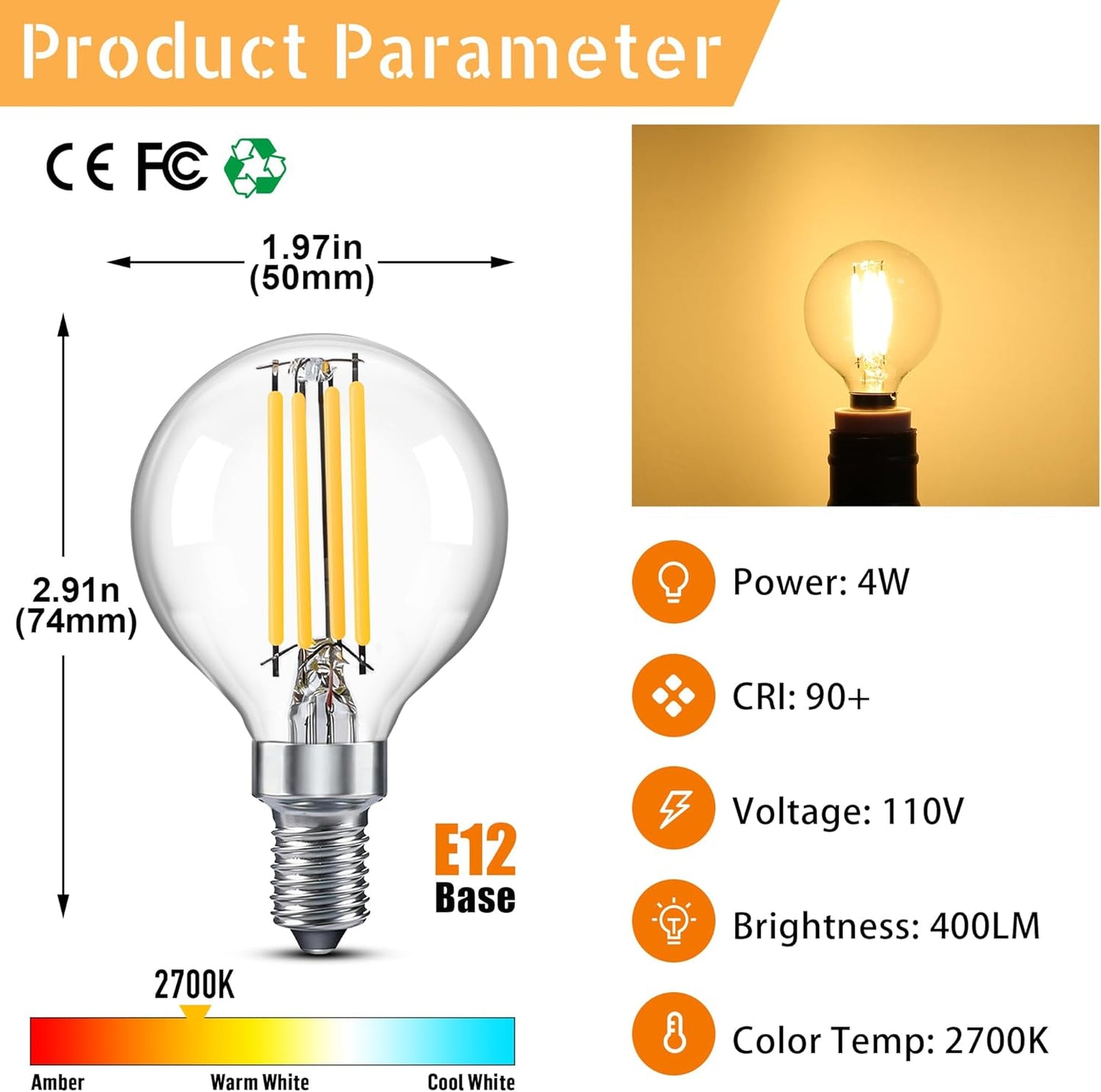 Bombilla LED G16.5 E12 regulable 4 W blanco cálido 2700K