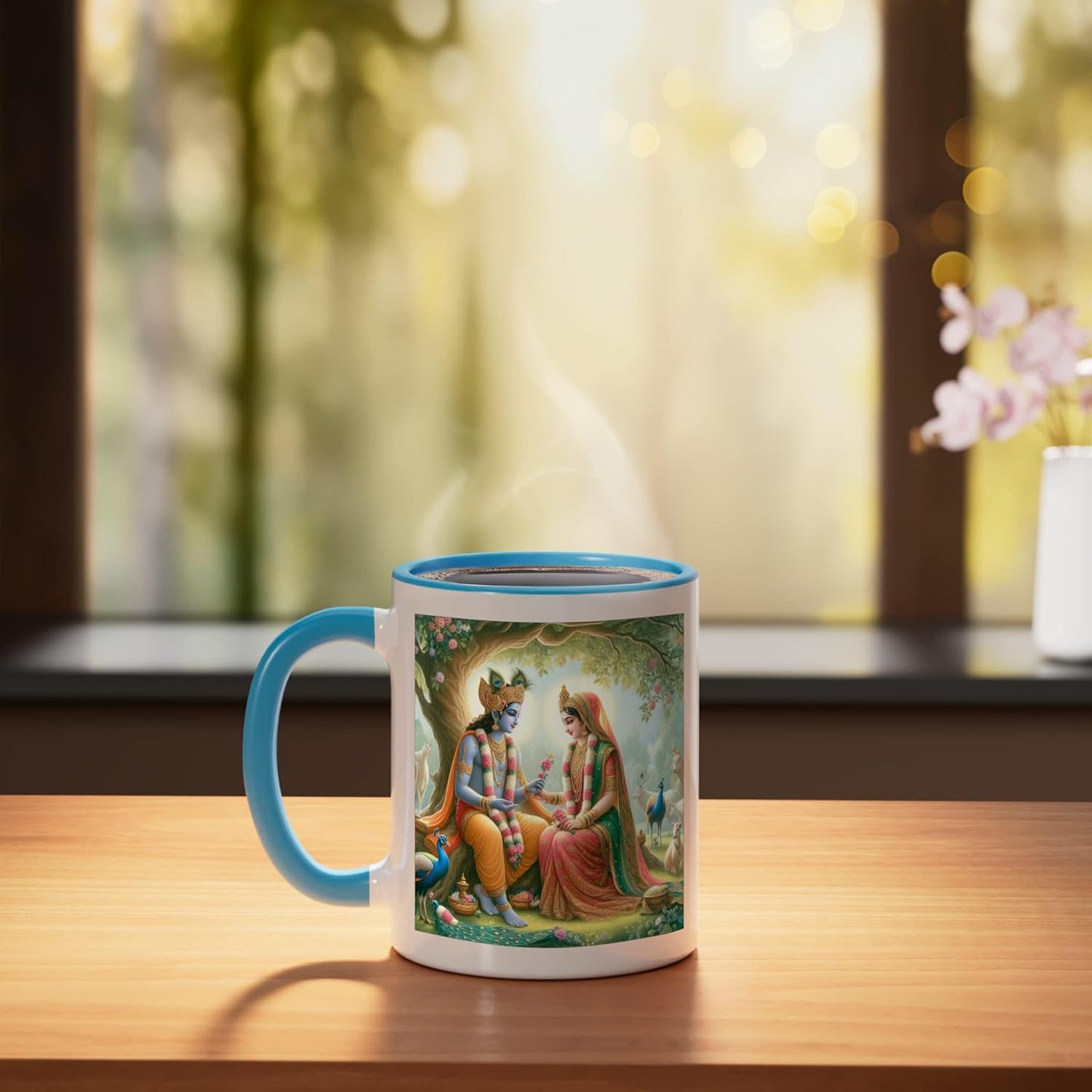 Taza cerámica Radha y Krishna amor azul/blanco