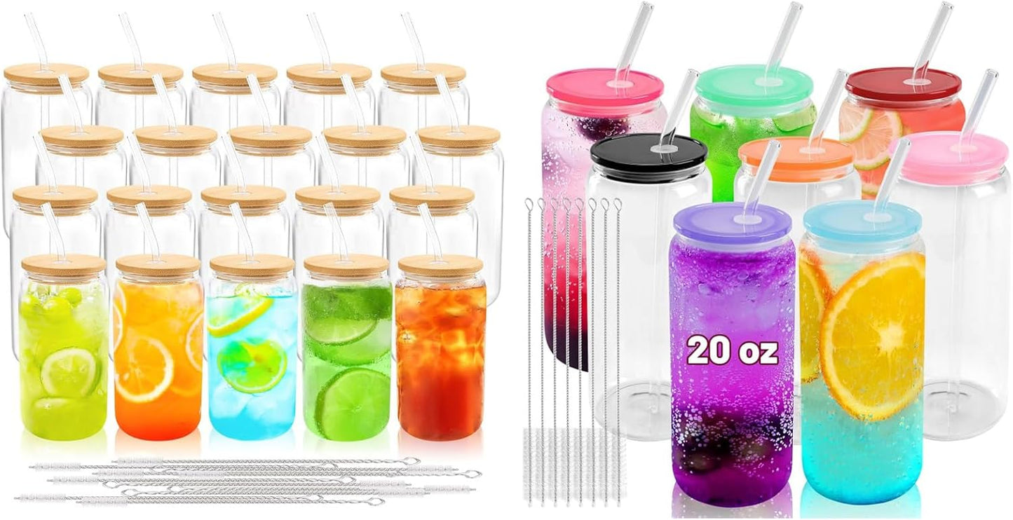 Set 20 Vasos Vidrio 16oz Tapas Bambú Pajillas 8 Vasos 20oz Tapas Acrílicas