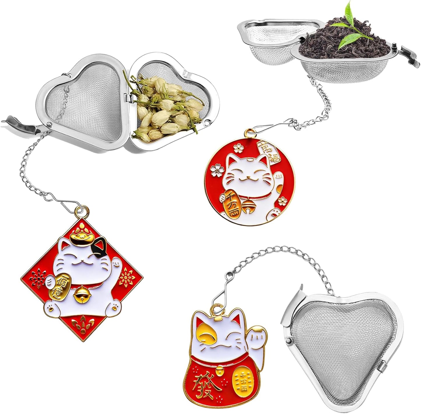 Infusor de té en forma de corazón con colador suelto y gato de la suerte