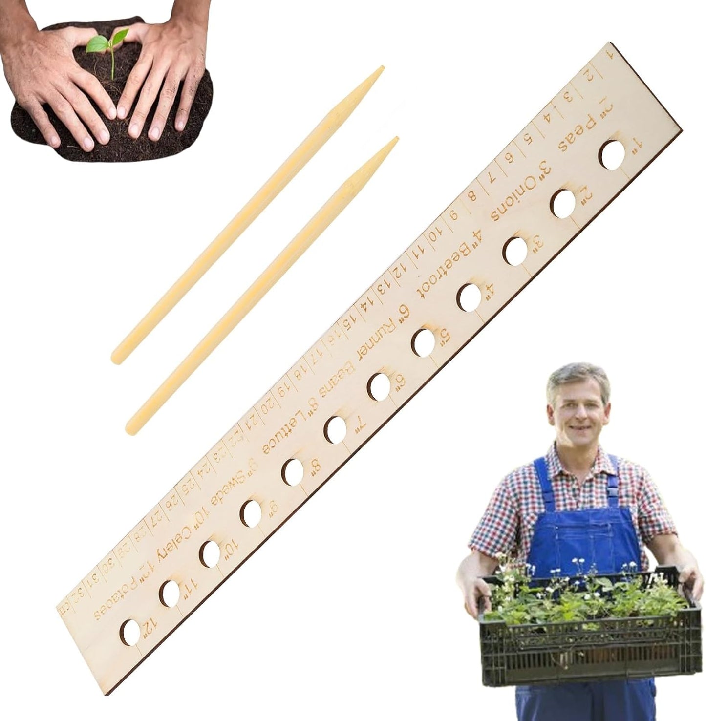 Regla de siembra con estacas madera para jardineros