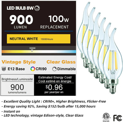 Bombilla LED E12 8W 3500K CRI90 vidrio transparente