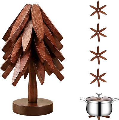 Salvamanteles de bambú en forma de árbol, 5 piezas plegables para platos calientes