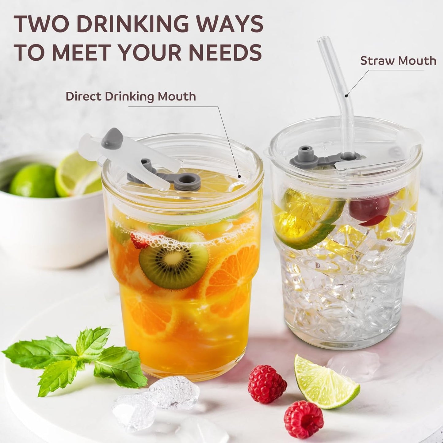 Vasos de vidrio con tapas y popotes para café helado y matcha, 13.5 oz