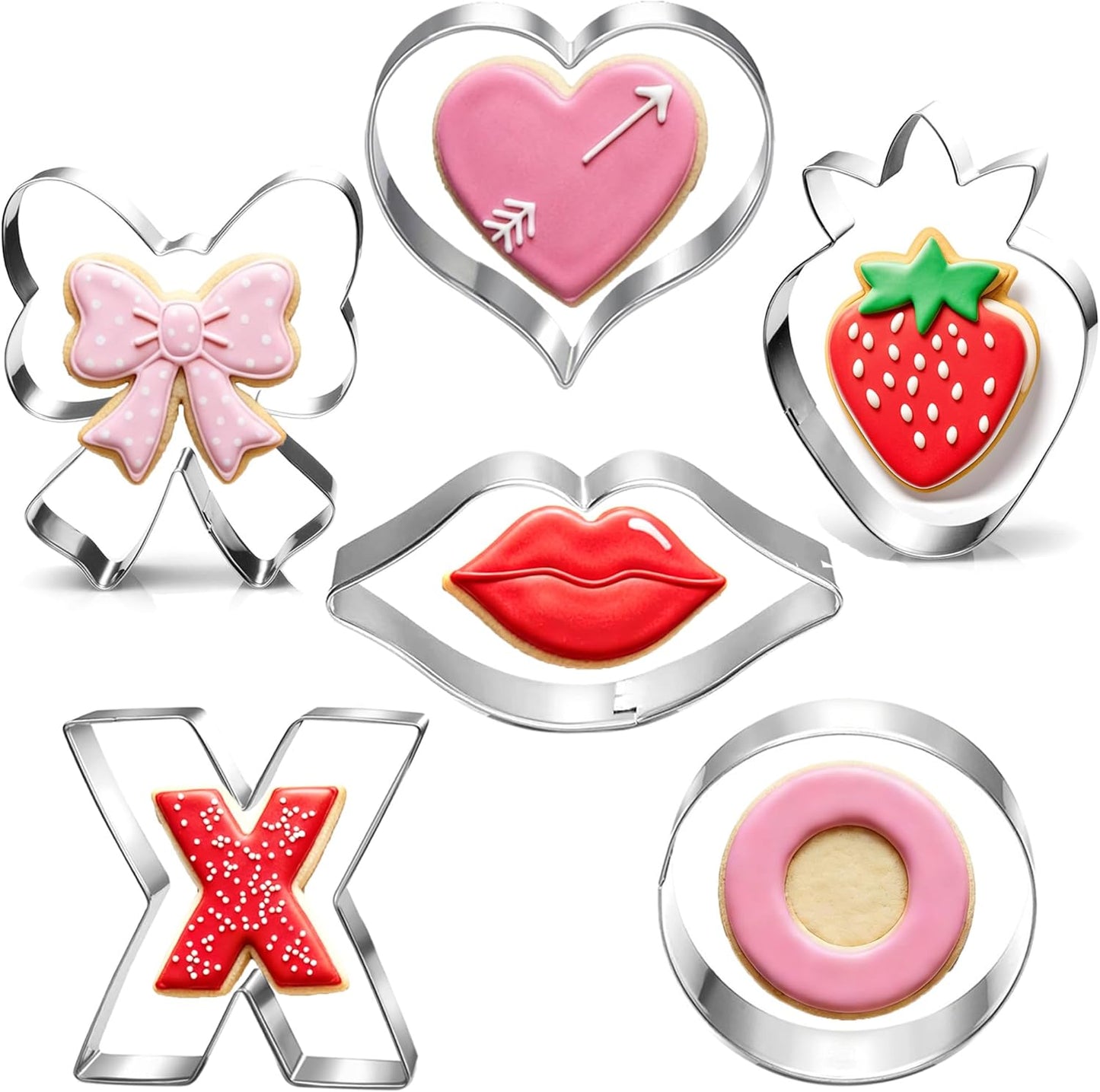 Set 6 Moldes Acero Inox San Valentín Corazón Labios X O Fresa