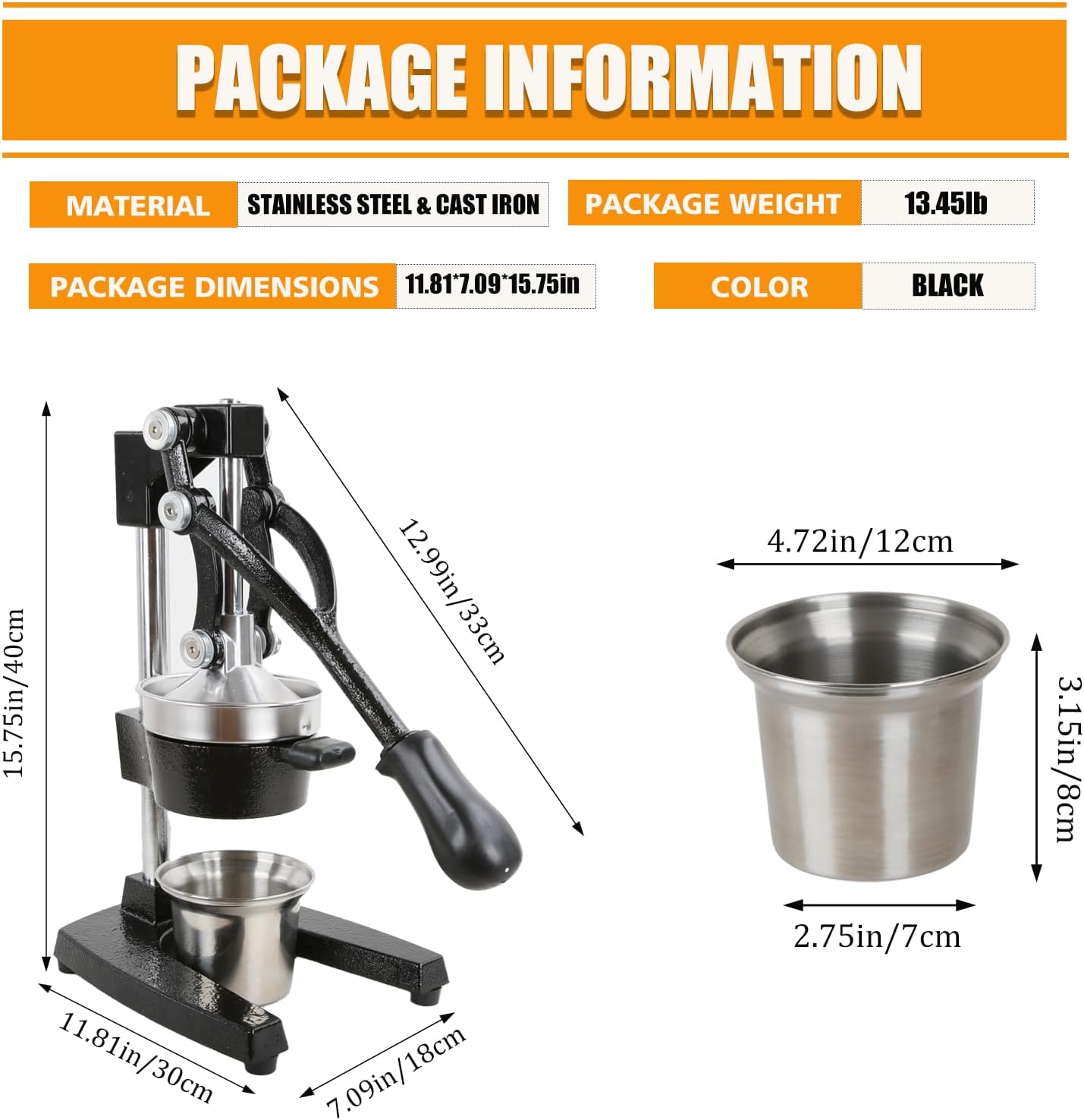 Exprimidor hierro fundido acero inox para cítricos