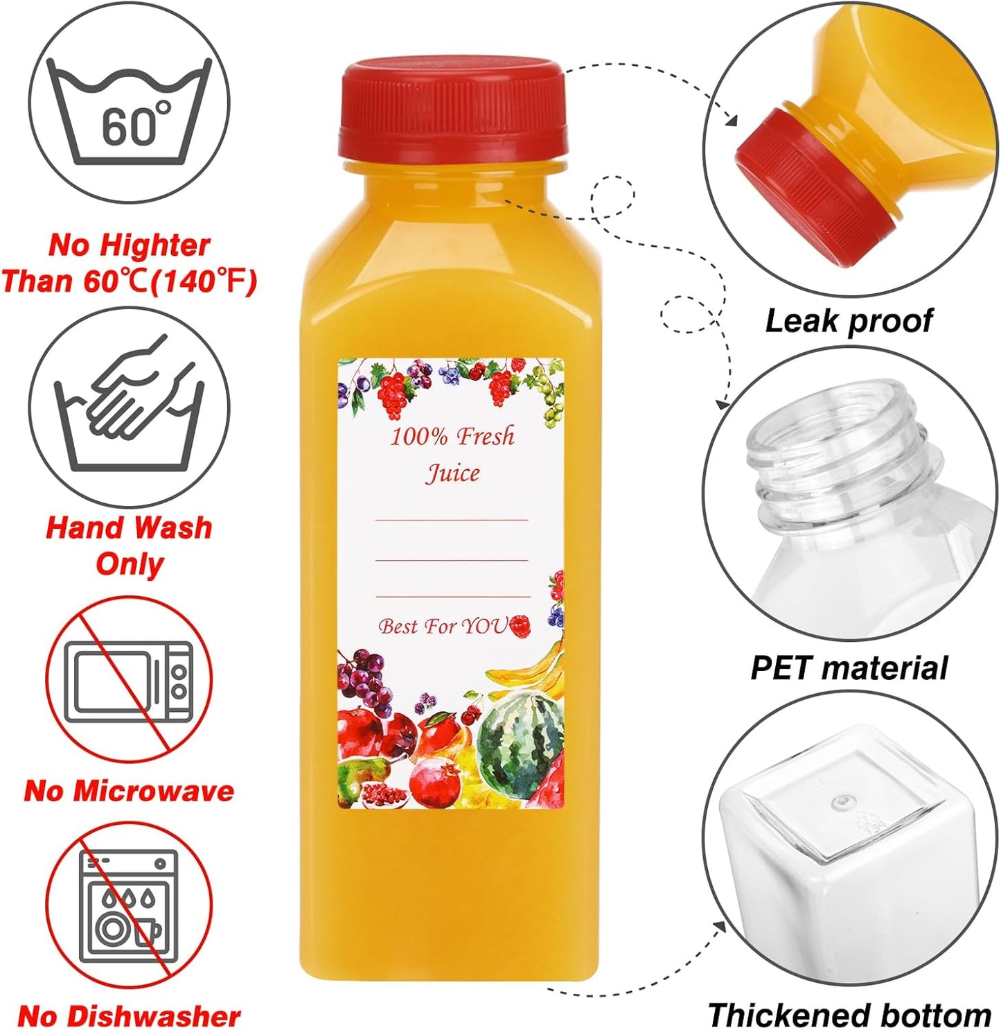 Botellas de plástico para jugo SUPERLELE 12 oz con tapas rojas y negras