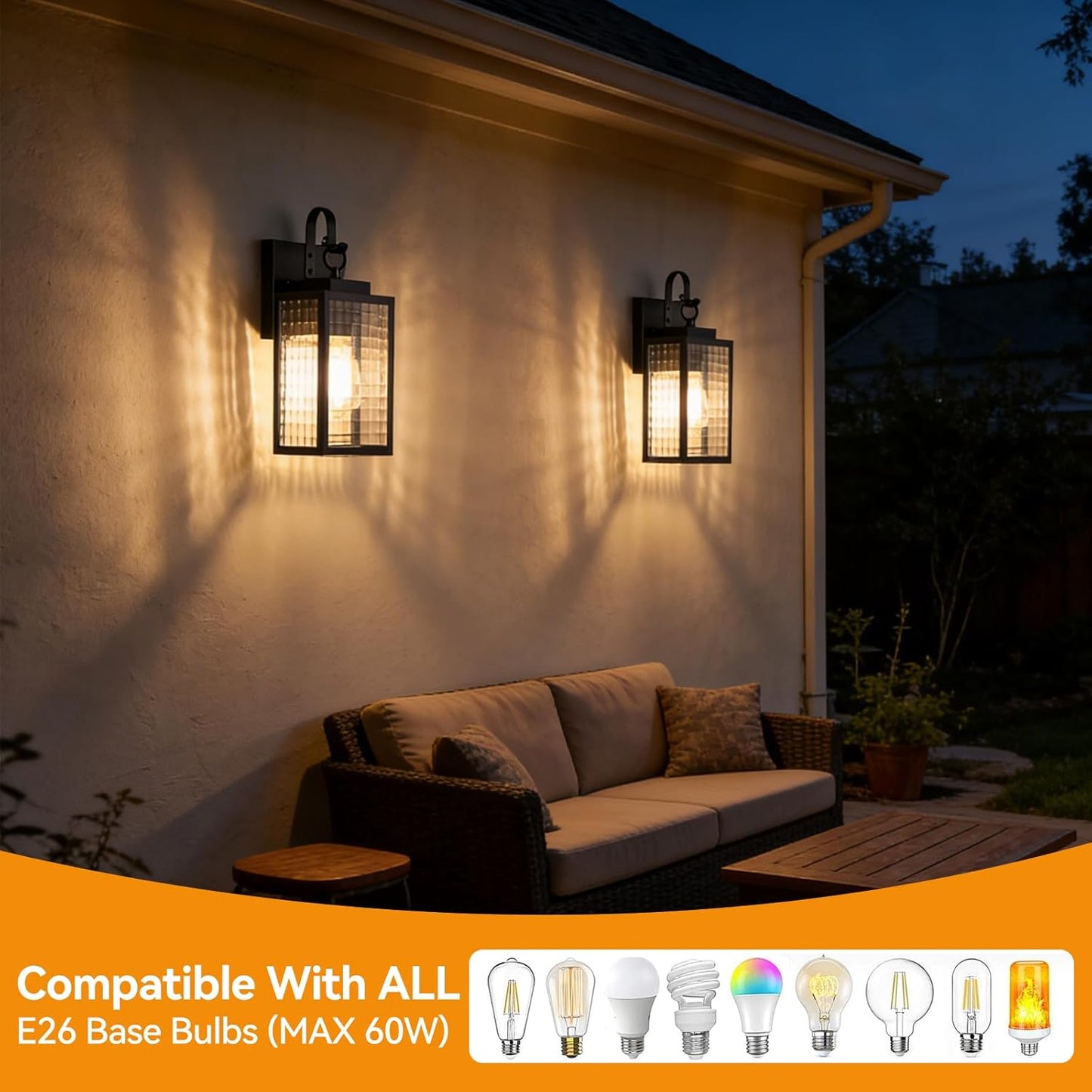 Luz exterior 11.8pulg vidrio cuadros IP65 negro