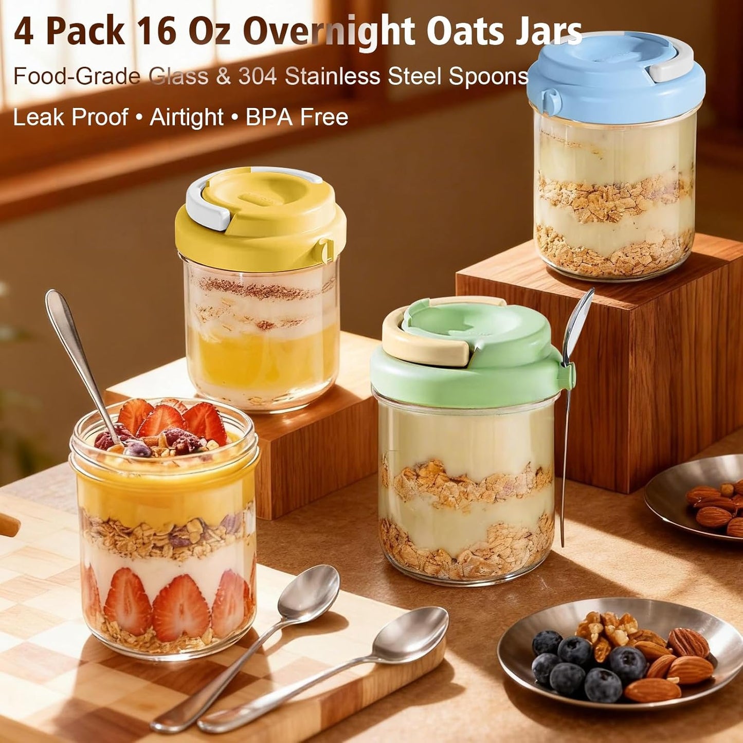 Tarros de avena con tapas y cucharas, paquete de 4 de 16 oz sin BPA