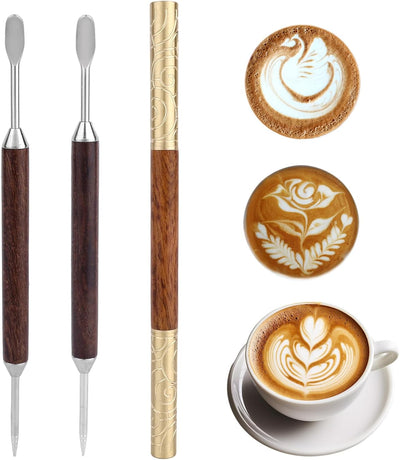3 Bolígrafos Arte Café Acero Inox Mango Madera Doble Extremo