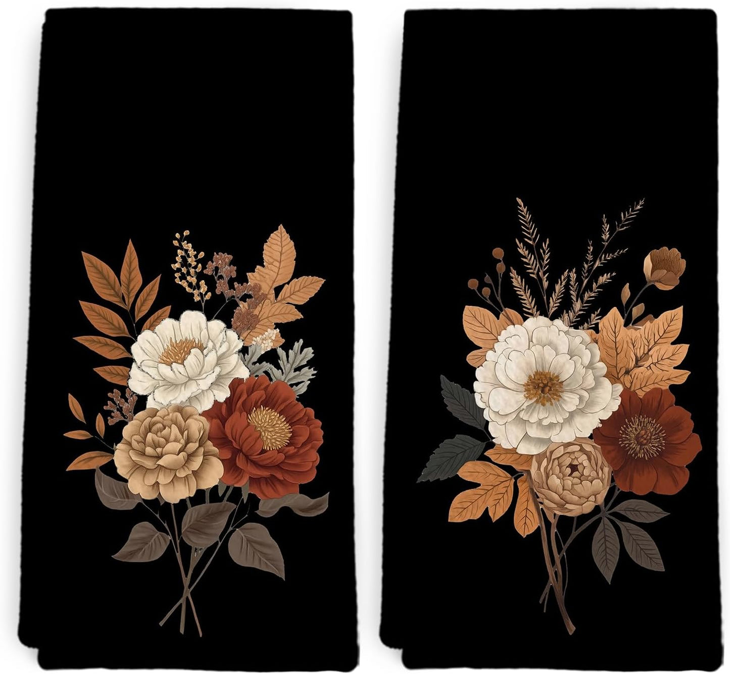 Juego de toallas de cocina y platos vintage en negro con flores, 16x24 pulgadas