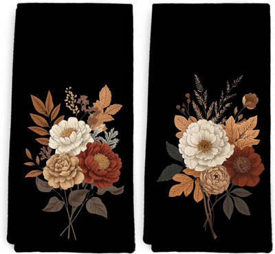 Juego de toallas de cocina y platos vintage en negro con flores, 16x24 pulgadas