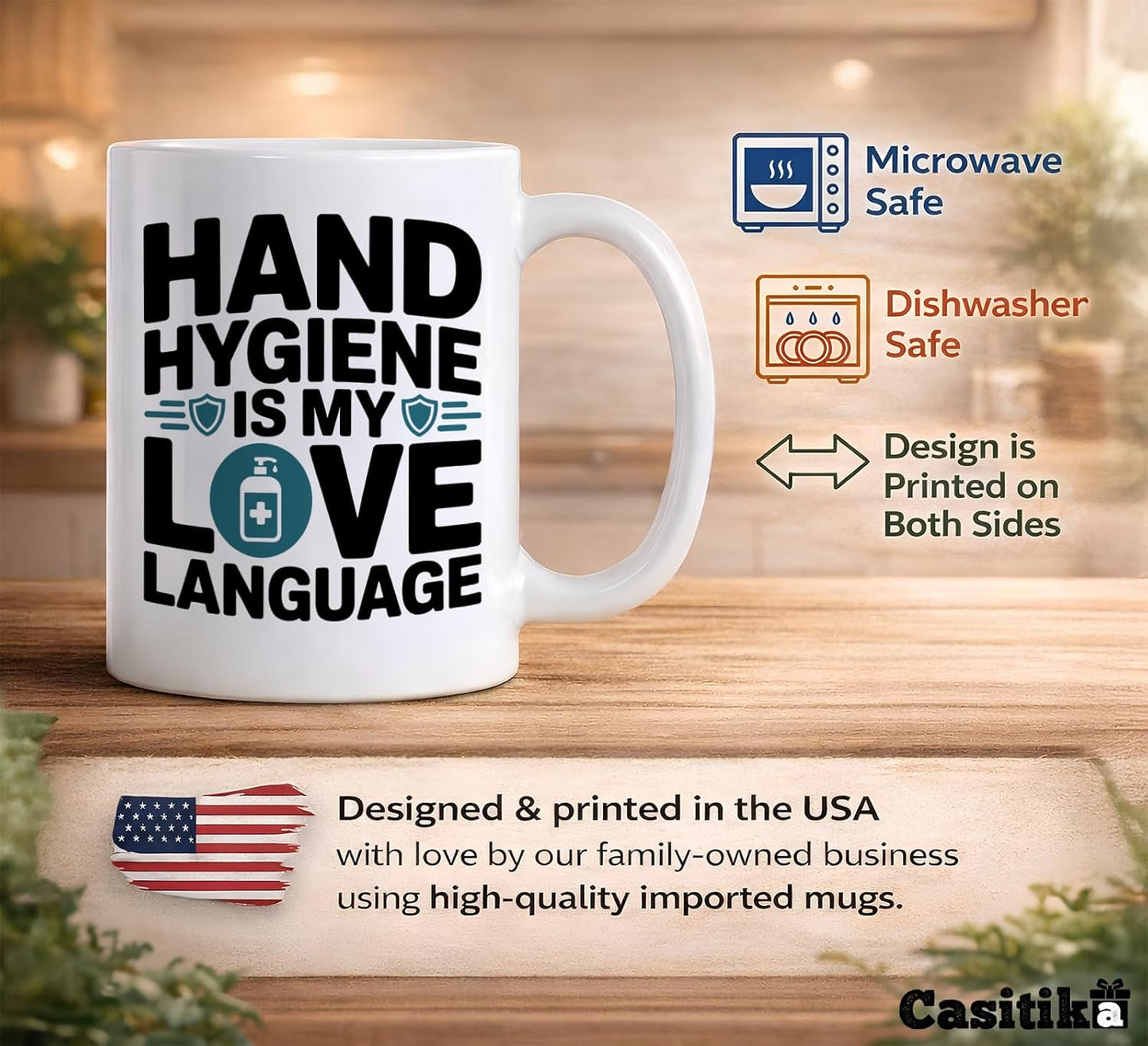 Taza de café para enfermeras con mensaje de higiene de manos