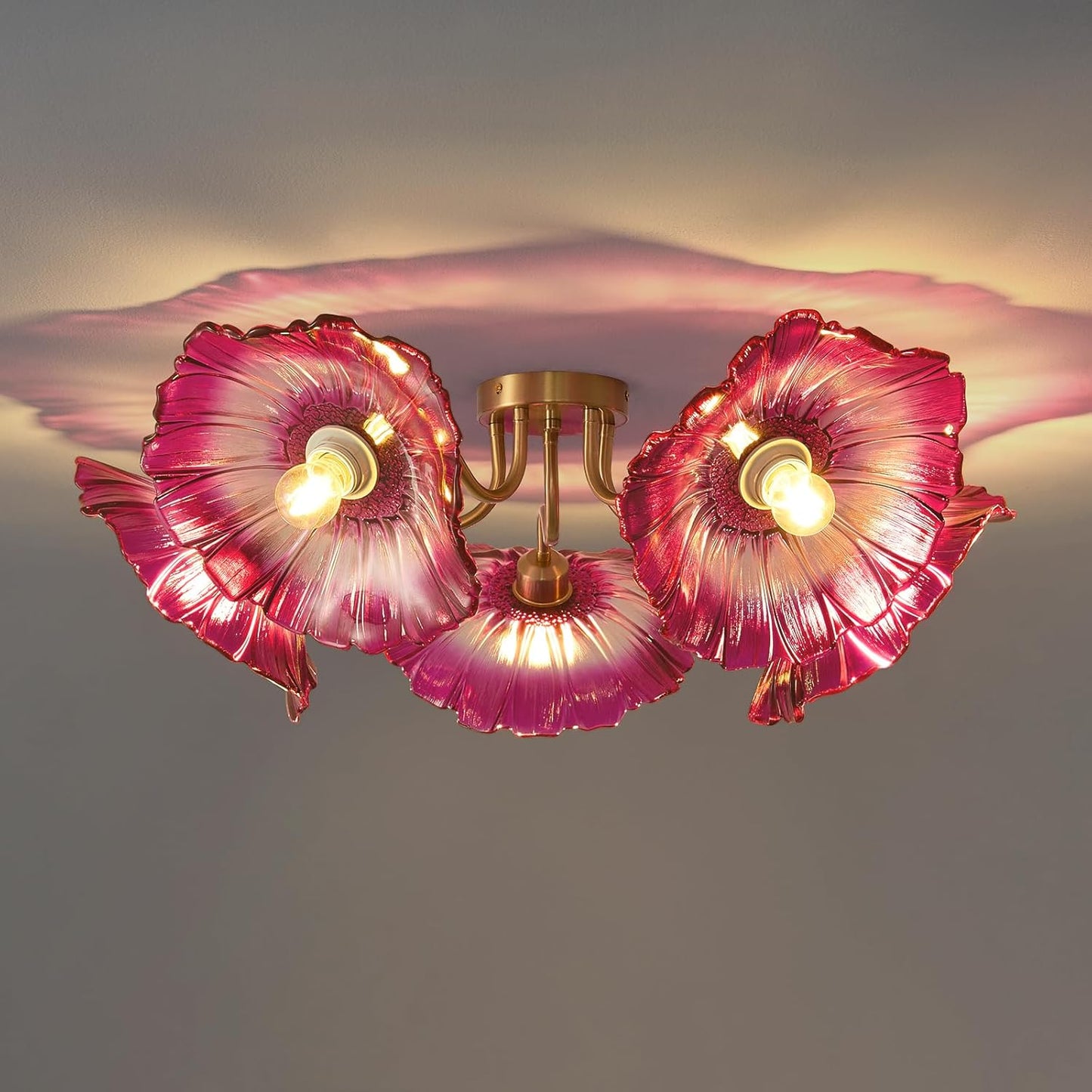 Lámpara techo 5 luces cristal flores rojo Art Deco
