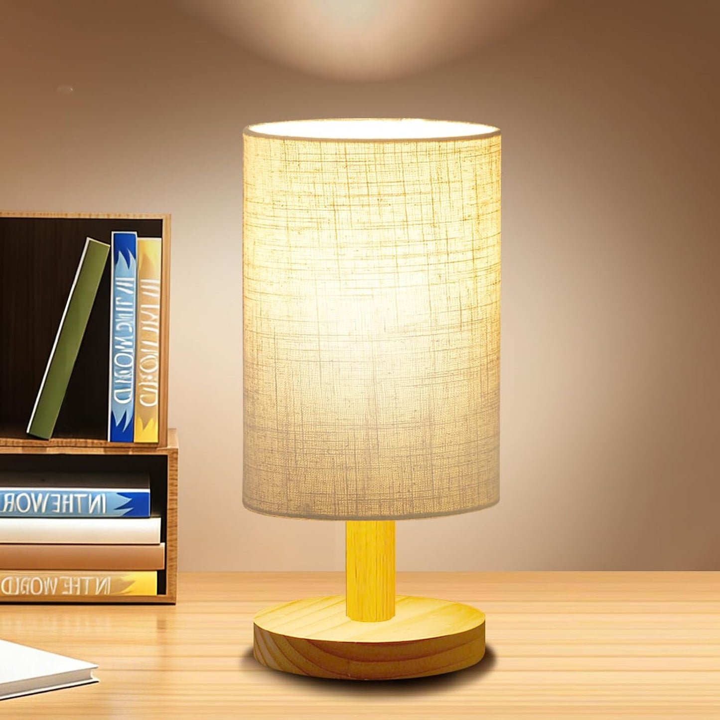 Lámpara mesa noche LED luz cálida base madera pantalla lino