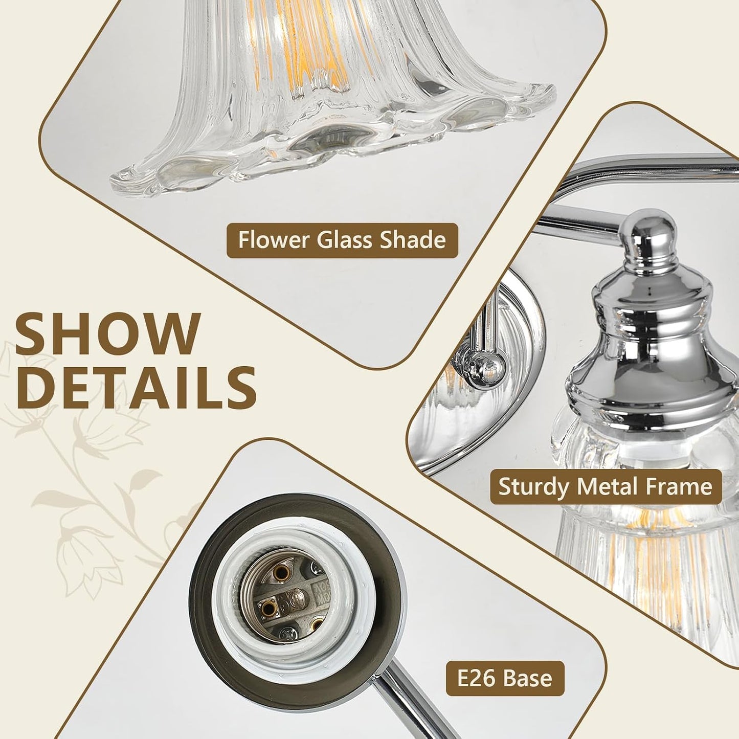 Lámpara baño 3 luces sobre espejo vintage vidrio floral cromada