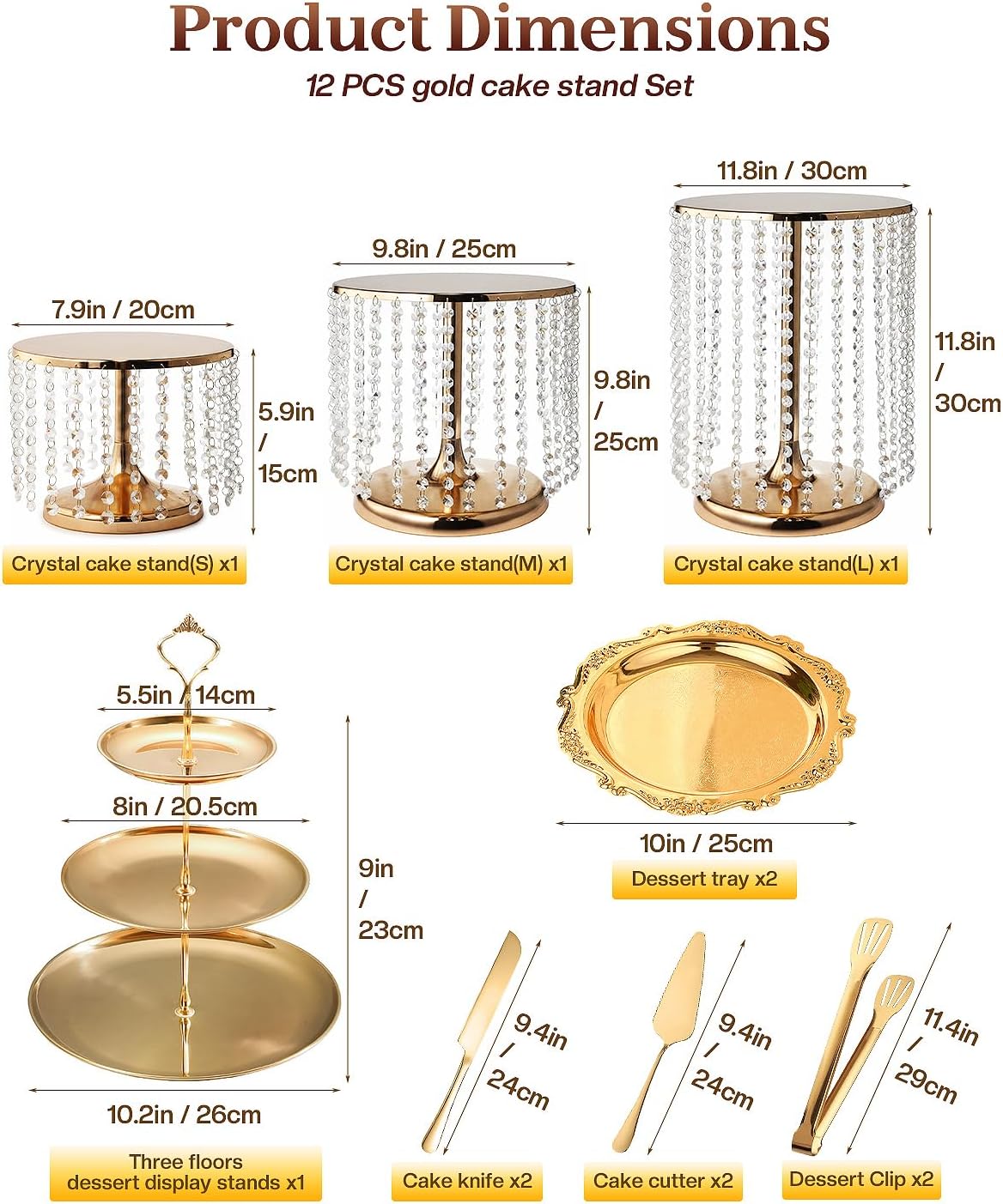 Juego de mesa de postre dorado 12 piezas con colgantes de cristal