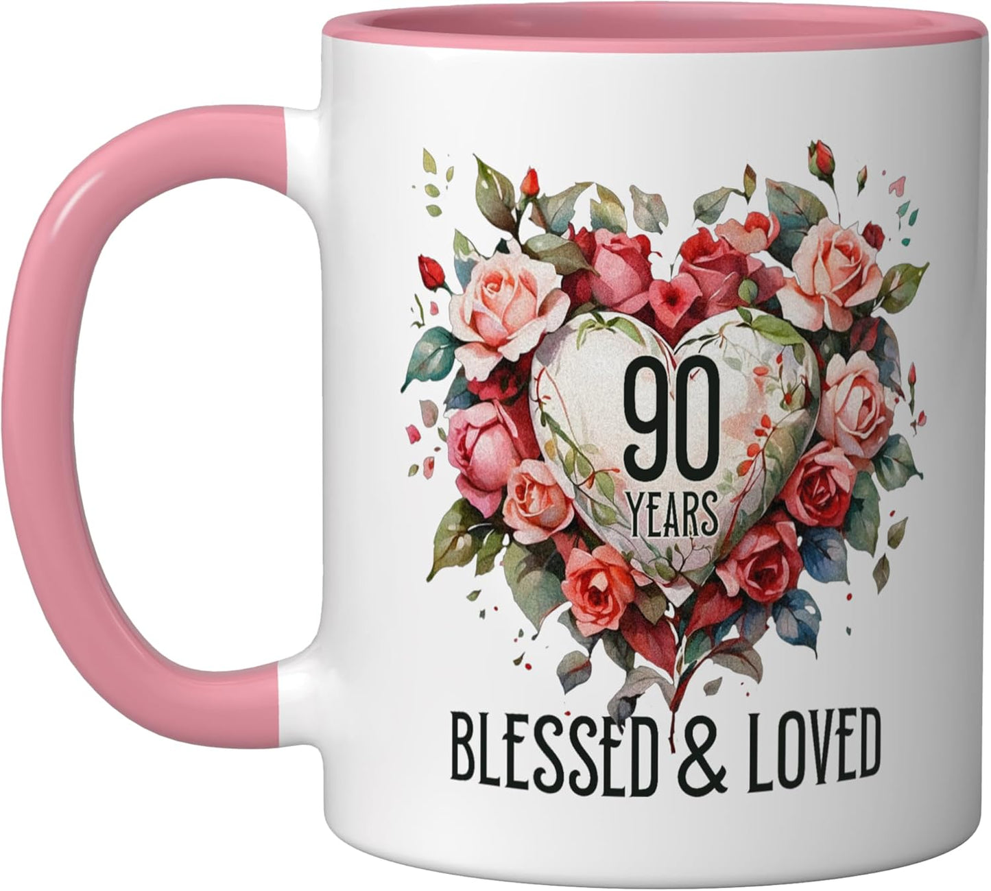 Taza de cerámica con flor de rosa corazón 90 años