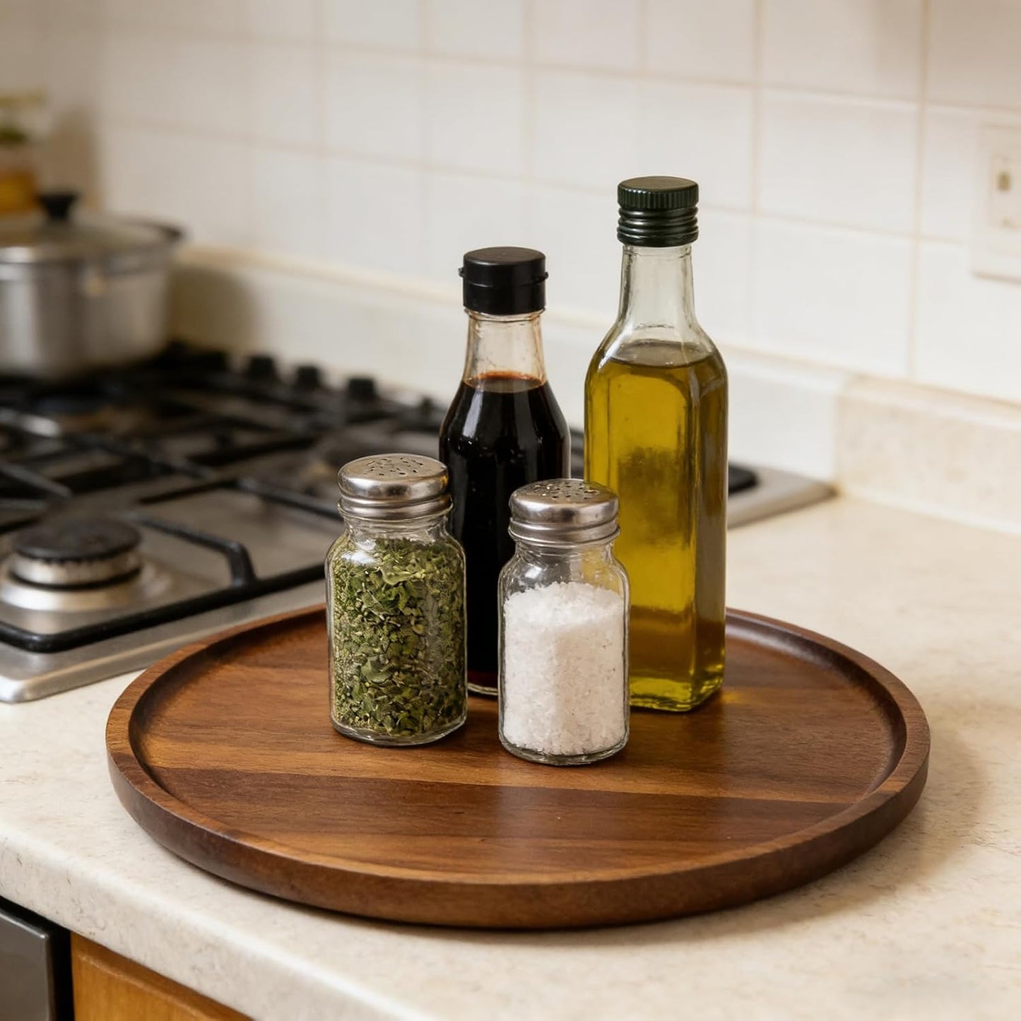 Bandeja redonda de madera de acacia para mesa de café y hogar 8 pulgadas