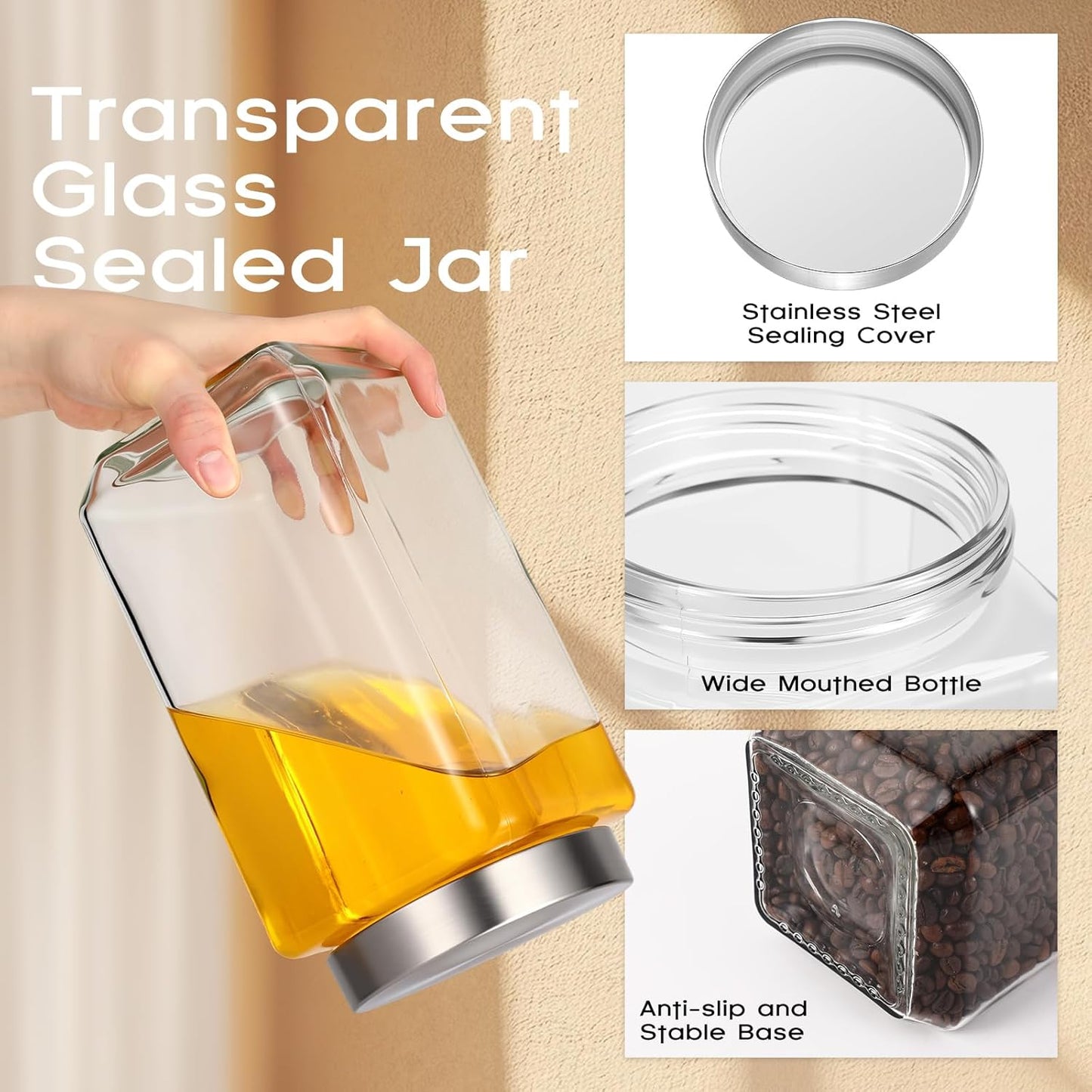 6 Pzas Tarros Vidrio 68oz Tapas Cuarto Galón Herméticas Acero Inox