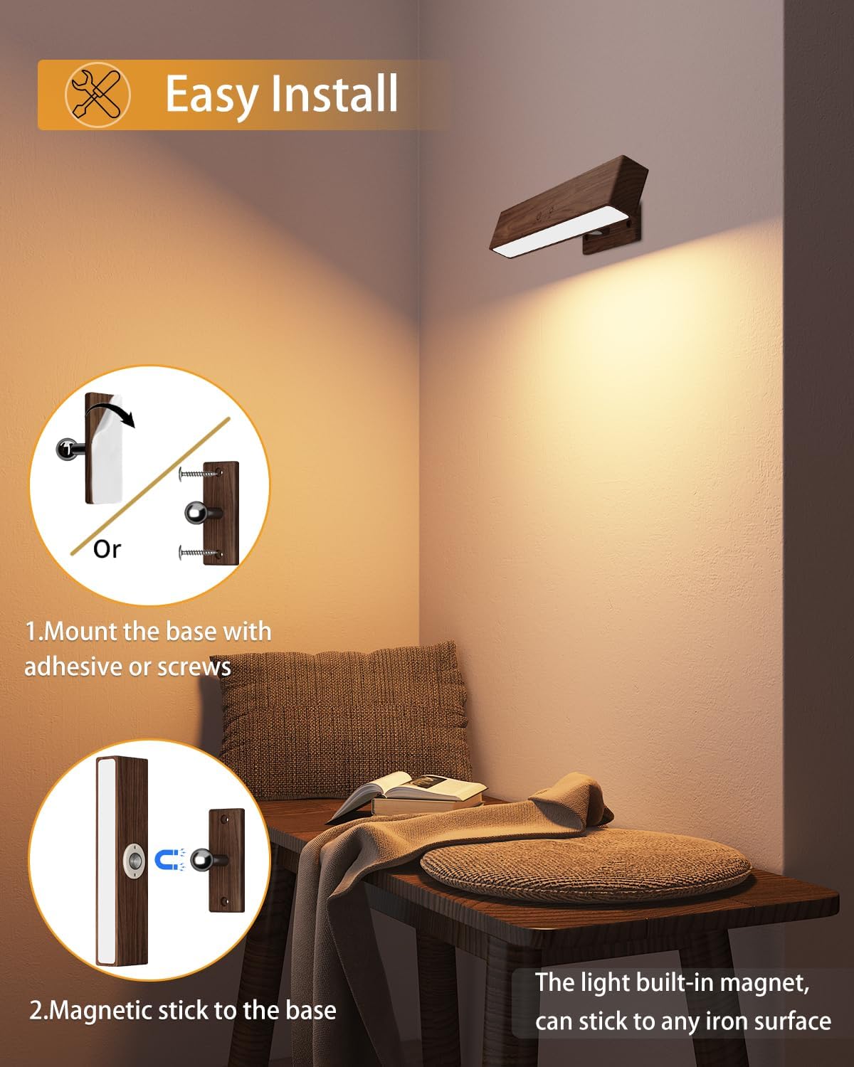 Aplique pared madera batería 5200 mAh RGB 3 temperaturas