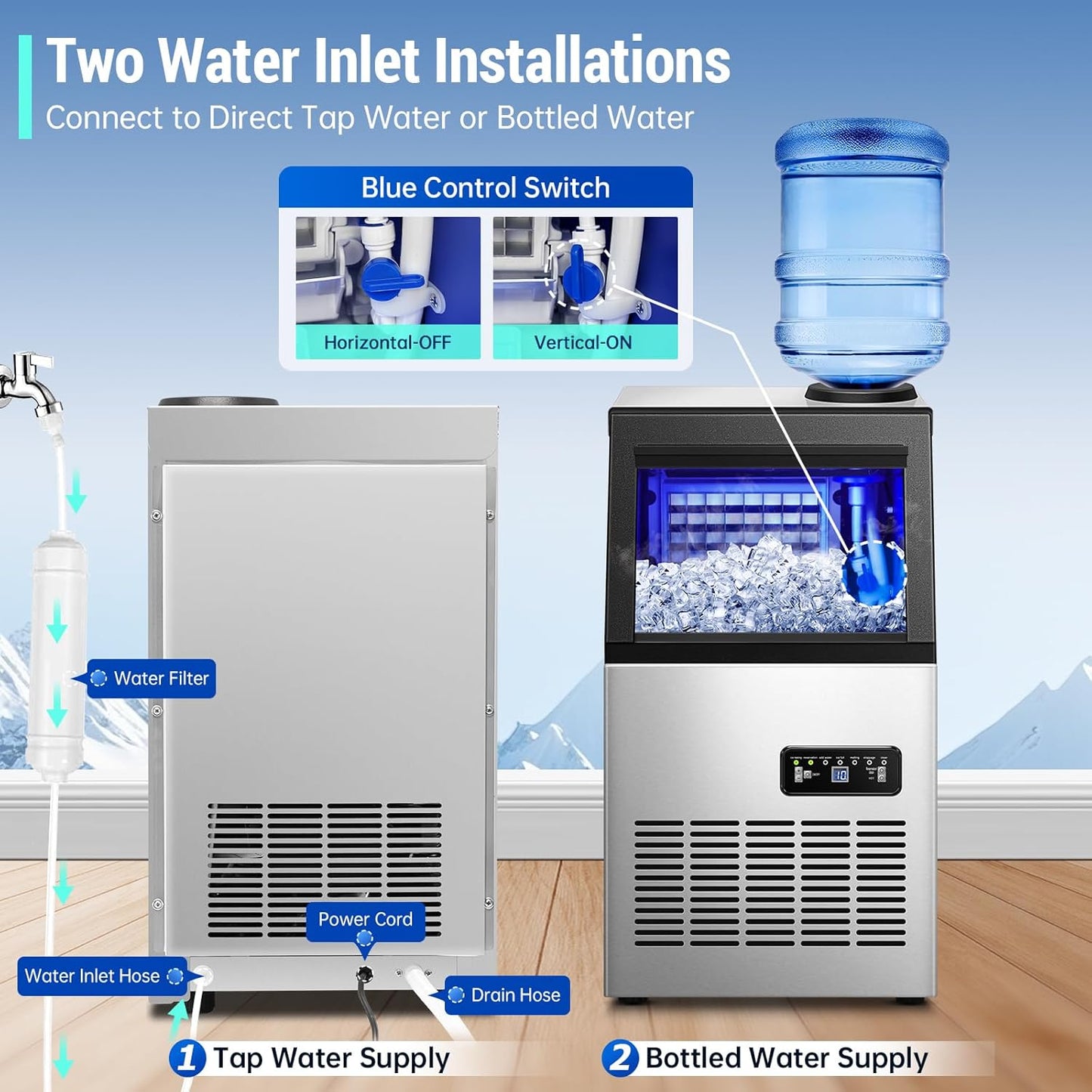 Máquina de hielo comercial 120 lb/24h con 2 entradas de agua y almacenamiento de 33 lb