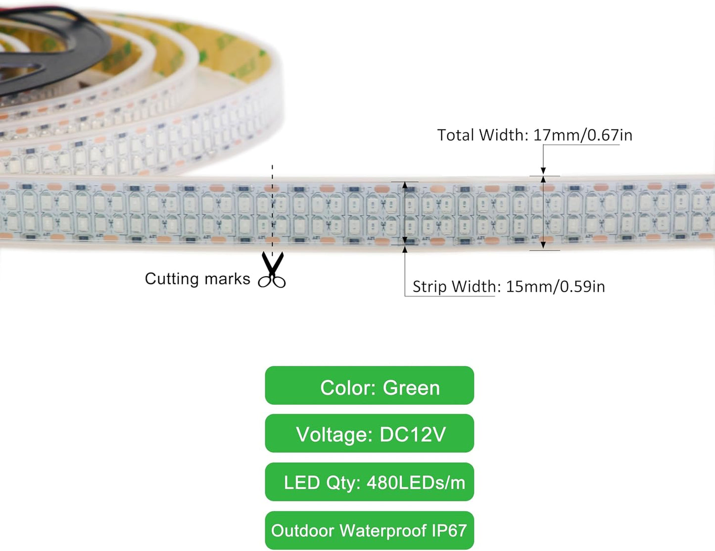 Tira LED verde 12V exterior 16.4ft 2400 LED IP67 flexible