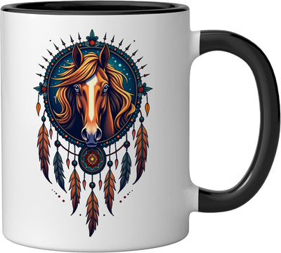 Taza cerámica Horse Dreamcatcher Nativo Americano con plumas negras/blancas