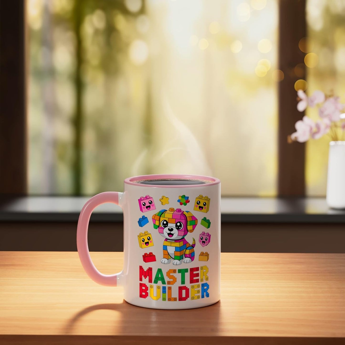 Taza Cerámica para Niñas con Bloques de Construcción Rosa/Blanco