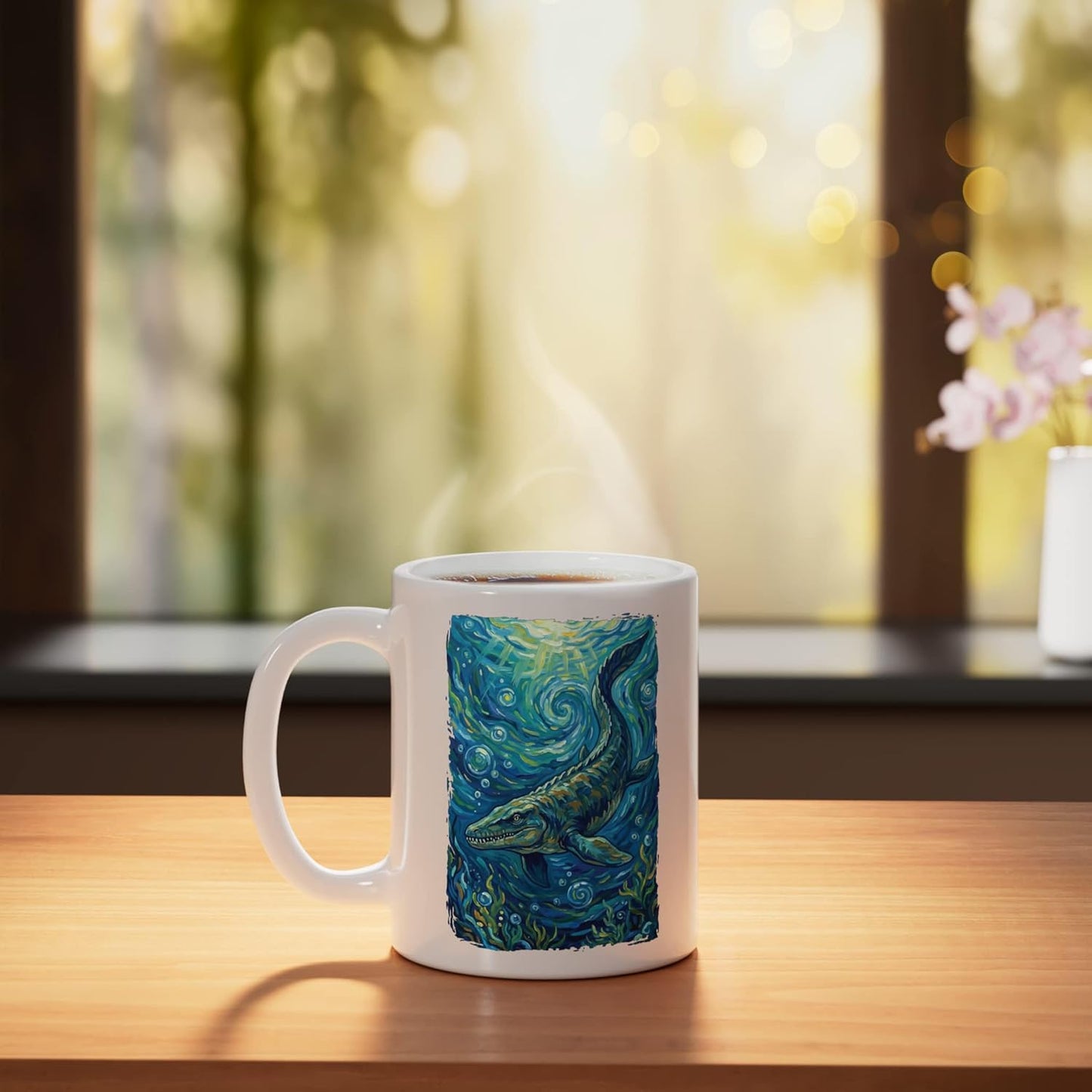 Taza cerámica Mosasaurus Starry Night en blanco